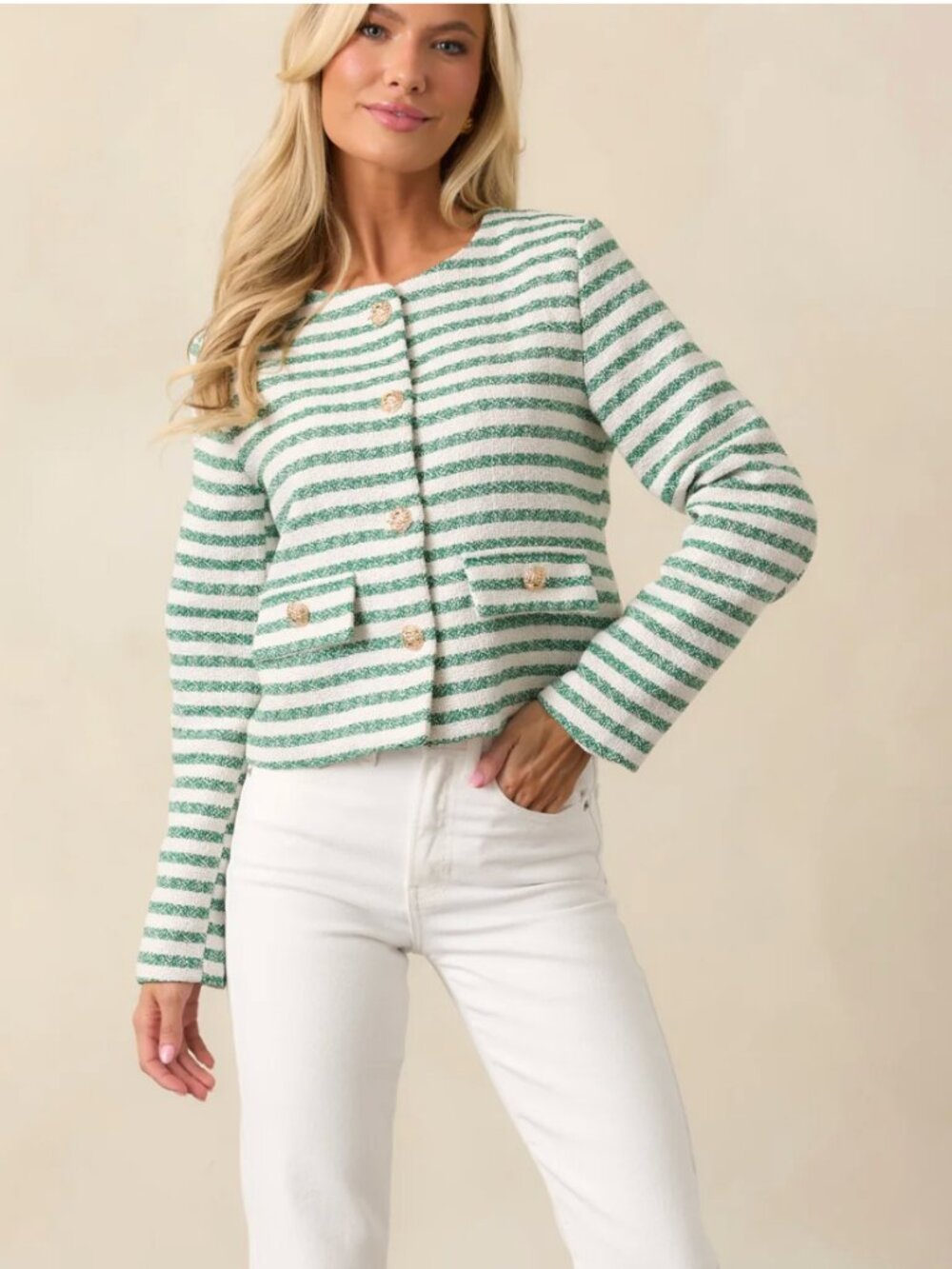 entro Green & White Striped Tweed Cropped Blazer